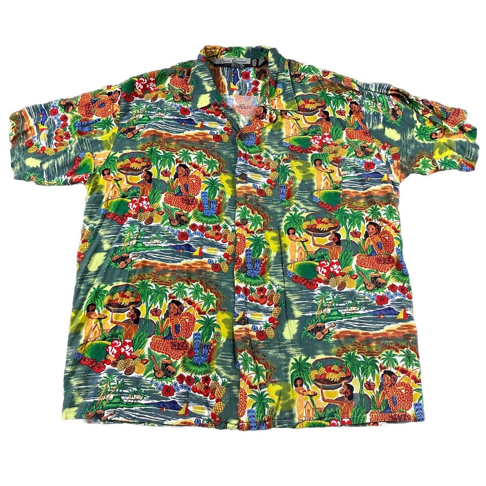 Vtg Ocean Current Hawaiian Hula Girls Shirt L Pineapples Tropical Palms Floral